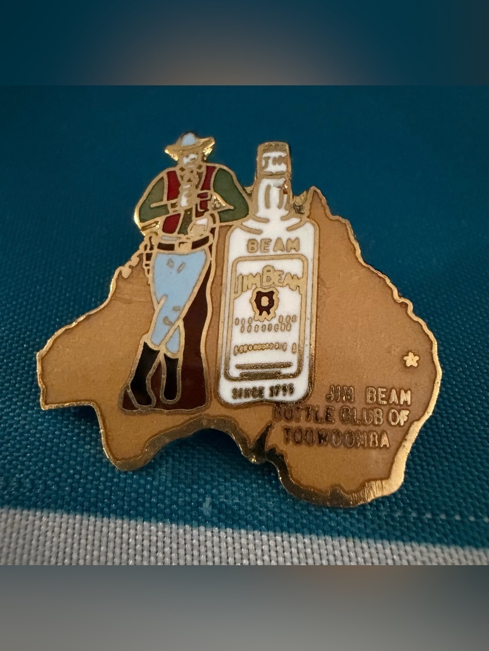 Jim Beam Bottle Club Enamel Pin - Gold, White, Green, Red, Blue